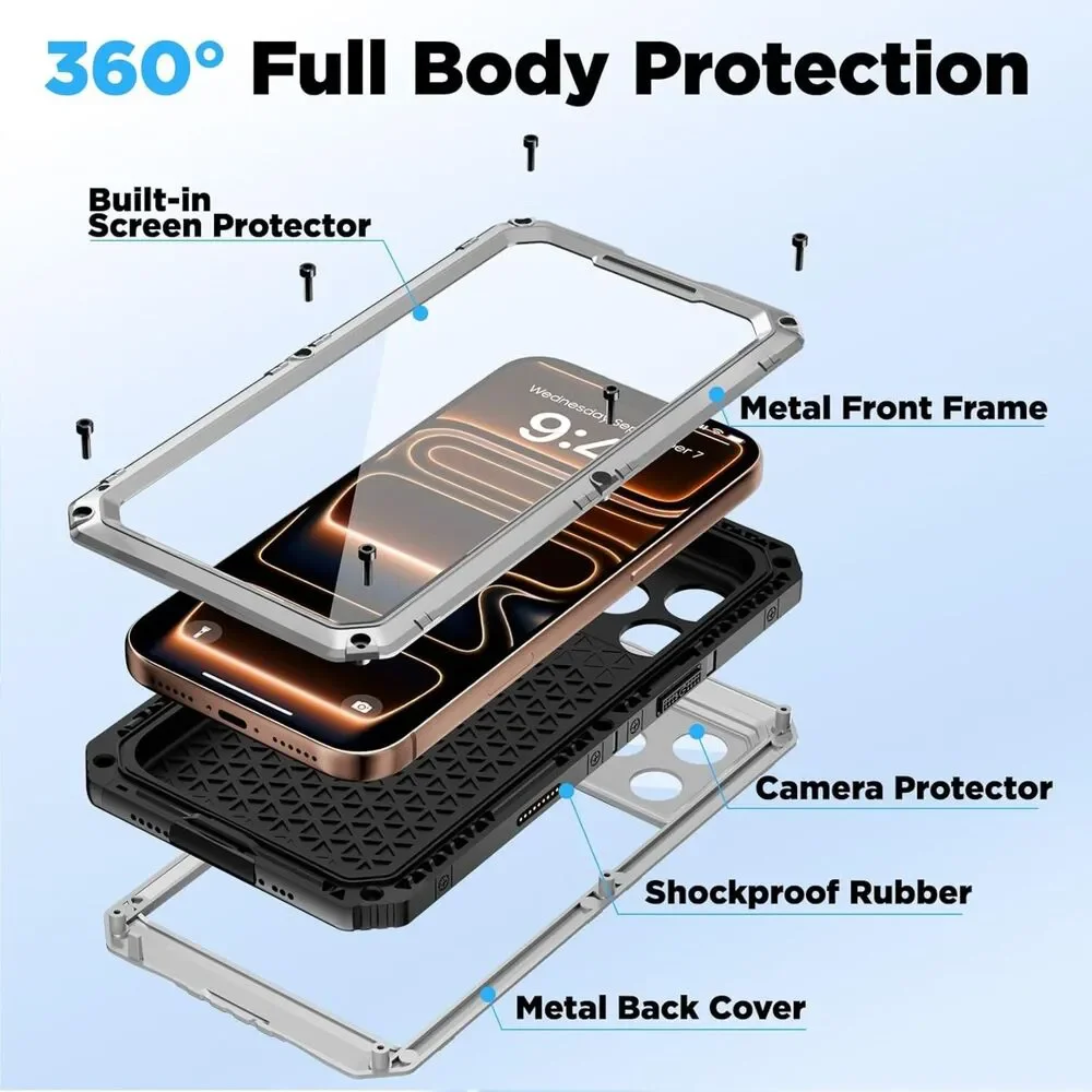 Beasyjoy iPhone 17 Pro Max Case Waterproof Heavy Duty Metal Rugged Cover Silver